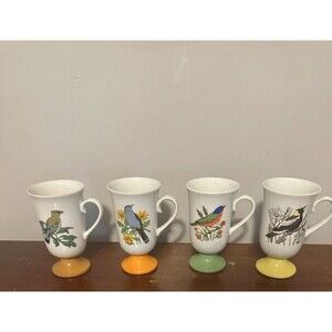 Set Of 4 Vintage Fred Roberts Song Bird Pedestal Coffee Mugs Tea Cups 1960s